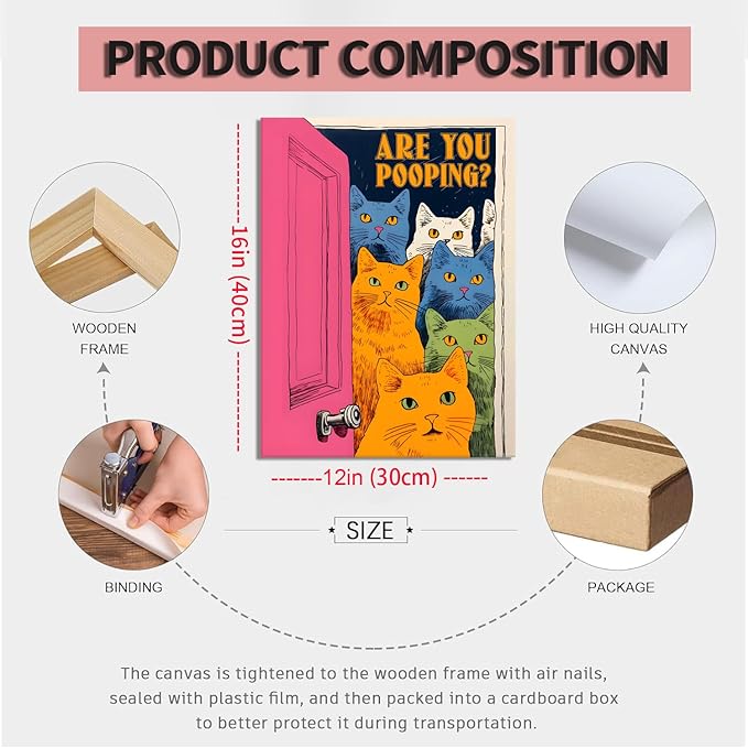 Yaneiro Funny Bathroom Cat Canvas Wall Art, Framed Cute Cat Prints Posters Wall Decor, Are You Pooping Sign Animal Pictures for Living Room Bedroom Toilet Kids Room Wall Paintings 12x16 in