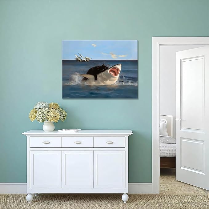 Yaneiro Framed Black Cat Wall Art, Funny Quirky Cat and Shark Pictures Canvas Print, Abstract Black Cat Shark Posters Wall Decor for Room Bedroom Living Room Bathroom 12x16in
