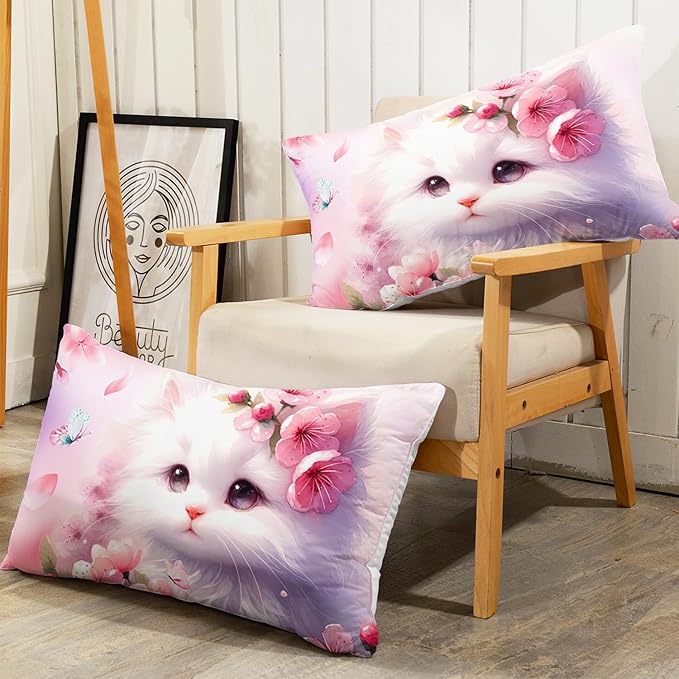 AILONEN Queen Bedding Set, Pink Cherry Blossom Kitten Comforter with 2 Pillowcases, 3 Piece Butterfly Cat Soft Duvet Set