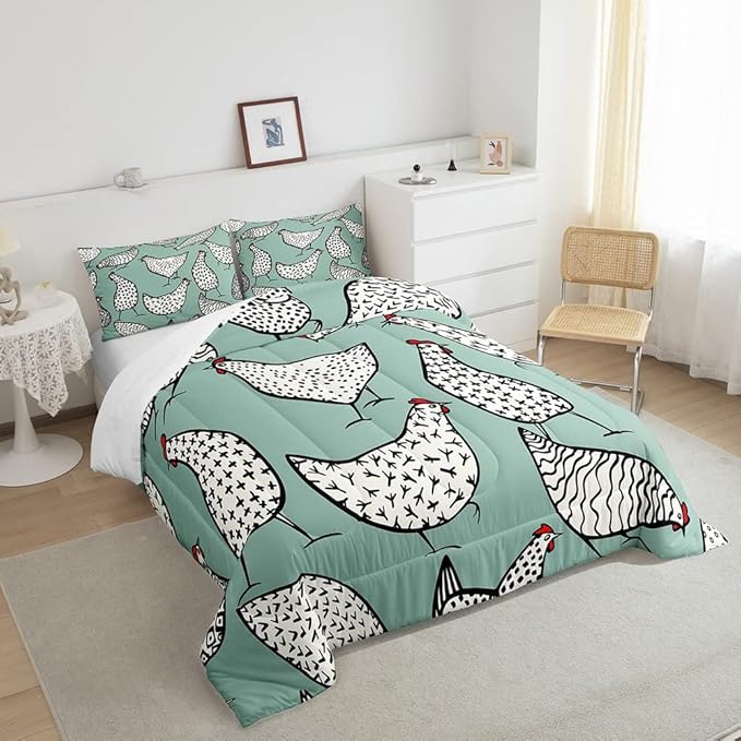 Erosebridal Chicken Bedding Set, Cartoon Chick Comforter Set Queen Size, Cute Farmhouse Animal Down Comforter for Children Young, Teal Black Quilt Set All Season Bedroom Decor