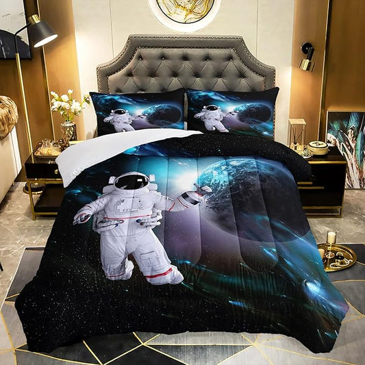 AILONEN Astronaut Comforter Set for Teens Boys Kids Girls, Space Astronaut Bedding Set Full Size,Outer Space Themed Quilted Duvet Bed Set,Planet Quilt,1 Comforter 2 Pillowcases 3 Piece