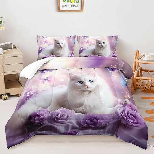 AILONEN Girls Cat Kitten Comforter Set Full Size,Purple Rose Butterfly Cat Princess Kids Bedding Set,White Cat Comforter with 2 Pillowcases,Beautiful Cat Duvet Set 3 Pieces