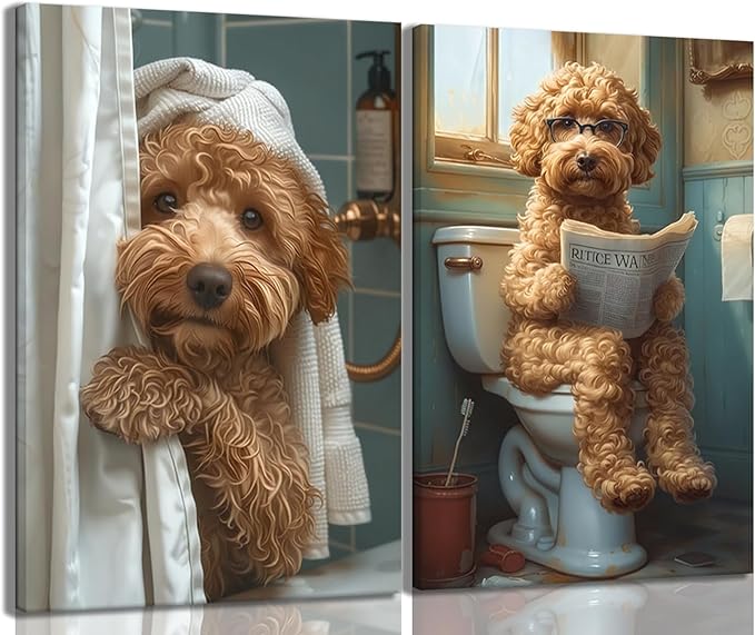 Yaneiro Funny Bathroom Canvas Wall Art-Set of 2 Poodle On Toilet Reading Newspaper Wall Decor Goldendoodle In Shower Humor Animal Poster Picture for Dog Lovers Restroom Ideas Decor 12x16 Inch Framed