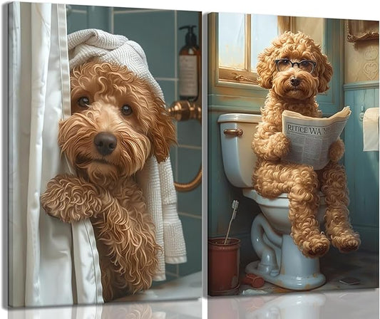 Yaneiro Funny Bathroom Canvas Wall Art-Set of 2 Poodle On Toilet Reading Newspaper Wall Decor Goldendoodle In Shower Humor Animal Poster Picture for Dog Lovers Restroom Ideas Decor 16x24 Inch Framed