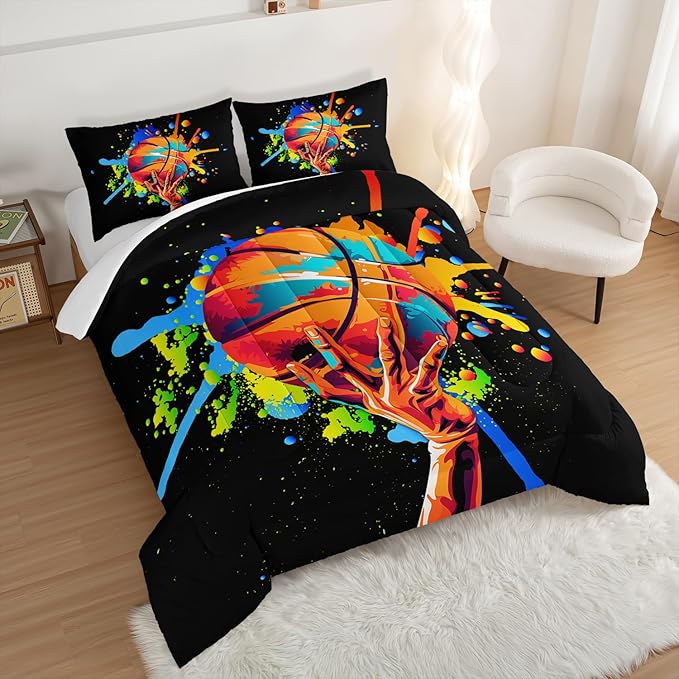 Black Basketball Comforter Set Queen Size,Watercolor Tie-dye Comforter Color Graffiti Hip Hop Style Queen Bed Set,Ball Sports Games Bedding Set for Teens Kids Bedroom Decor with 2 Pillowcases.
