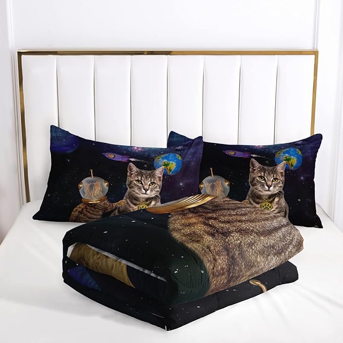 AILONEN Beige Cat Bedding Set Queen Size with Wearing Space Suit Cat Galaxy Planet Comforter Set for Kids Boys Girls,Rocket Starry Soft Breathable Duvet Set 3 Pieces, 1 Quilt and 2 Pillowcases