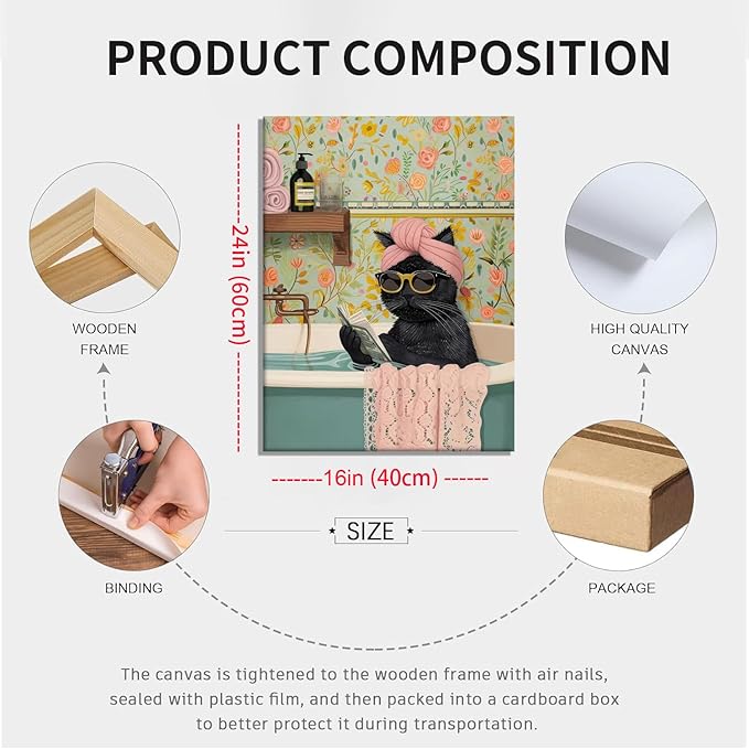 Yaneiro Funny Black Cat Bathroom Canvas Bathroom Wall Art Framed Cute Cat Prints Pictures Posters Wall Decor for Living Room Bedroom Toilet Kids Room Wall Paintings 16x24 in