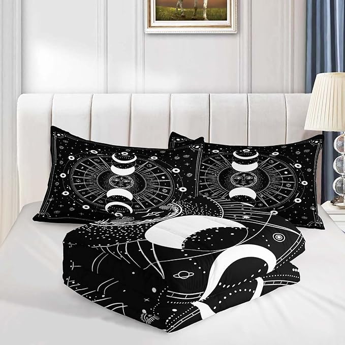 AILONEN Sun and Moon Comforter Set for Teens Boys Kids Girls, Galaxy Astrology Bedding Set Queen Size,Bohemian Sun Moon Quilted Duvet,Galaxy Quilt,1 Comforter 2 Pillowcases 3 Piece