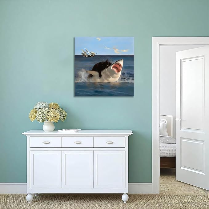 Yaneiro Framed Black Cat Wall Art, Funny Quirky Cat and Shark Pictures Canvas Print, Abstract Black Cat Shark Posters Wall Decor for Room Bedroom Living Room Bathroom 20x20 inch