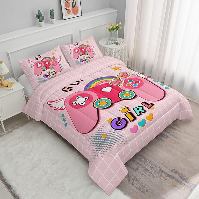 Bedding Comforter Set Pink Gamepad Printed Pattern Quilt with 1 and 2 Pillowcases for Girls Bedroom All Season(Pink Full) Full 80x90inches