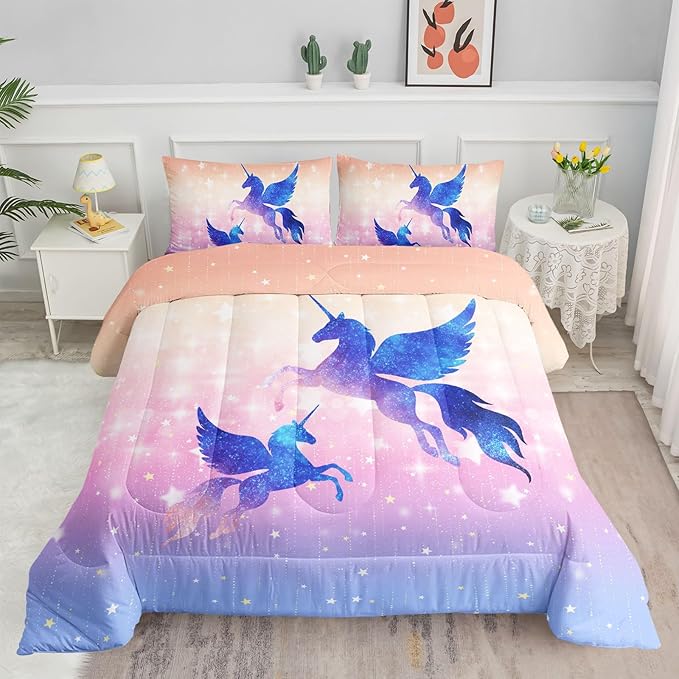Bedding Comforter Set Starry Sky Unicorn Printed Pattern Quilt with 1 and 2 Pillowcases for Girls Bedroom All Season(Purple Queen) Queen 90x90inches