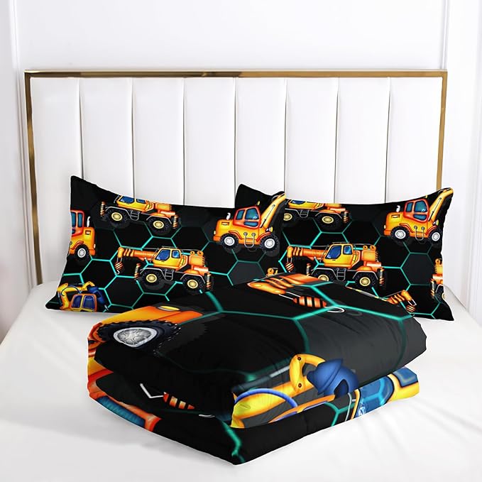 AILONEN Kids Cartoon Excavator Comforter Set Full Size,Vehicles Construction Truck Bedding Set for Boys Teen,3 Piece Soft Duvet with 2 Pillowcases