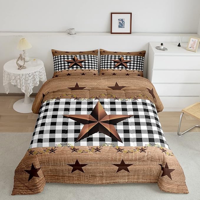 Western Texas Star Comforter Set Twin, Farmhouse Black Plaid Bedding, Brown Vintage Country Star Bedding Comforter Sets, Retro Rustic Checked Grid Bedroom Decor Wooden Grain Quilt For Kids Boys Girls