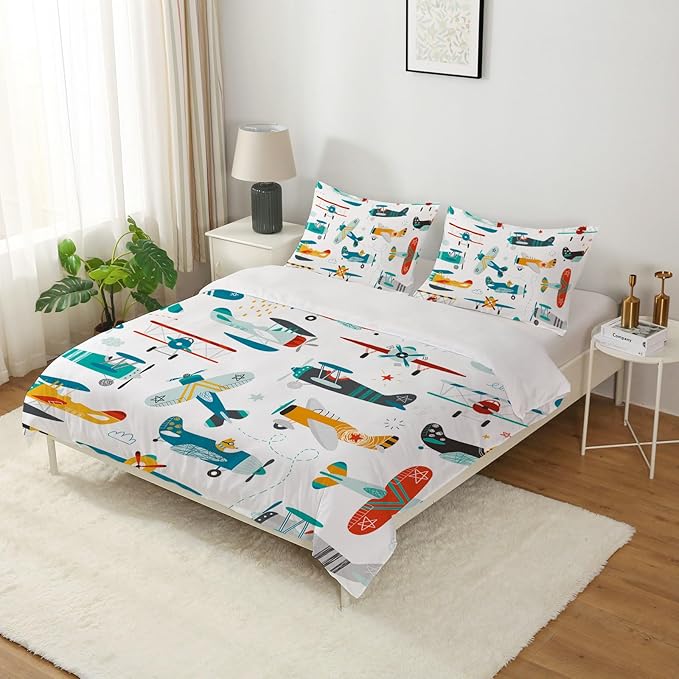 Yasida Kids Airplane Comforter Set Queen Size Colorful Cartoon Propeller Plane Bedding Set Kids Boys Bedding Sets Queen Teens Cartoon Airplanes Down Comforter Aviation Theme Duvet Bedroom Decor