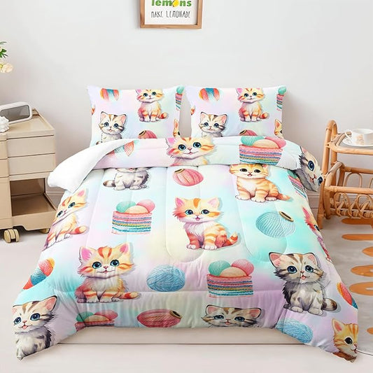 AILONEN Cute Cat Kitten Comforter Set Twin Size, Kids Girls Soft Microfiber Bedding Set for Bedroom,Colorful Watercolor Cat Comforter with 2 Pillowcases,3-Piece