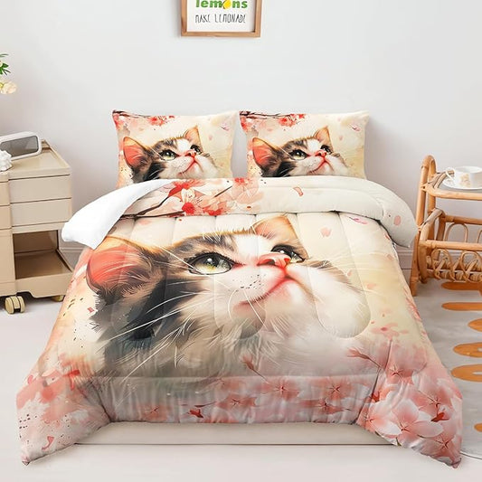 AILONEN Kawaii Cat Comforter Set Full Size,Kids Girls Kitten Cat Bedding Printed Pink Flower Watercolor Lovely Animal Cat Comforter with 2 Pillowcases,3 Pieces