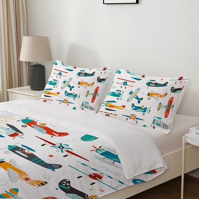 Yasida Kids Airplane Comforter Set Queen Size Colorful Cartoon Propeller Plane Bedding Set Kids Boys Bedding Sets Queen Teens Cartoon Airplanes Down Comforter Aviation Theme Duvet Bedroom Decor