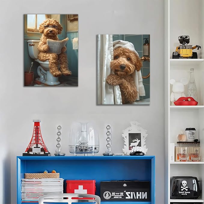 Yaneiro Funny Bathroom Canvas Wall Art-Set of 2 Poodle On Toilet Reading Newspaper Wall Decor Goldendoodle In Shower Humor Animal Poster Picture for Dog Lovers Restroom Ideas Decor 12x16 Inch Framed