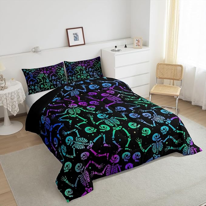 Erosebridal Sugar Skull Comforter Set Halloween Bedding Set Twin Size Green Blue Purple Ombre Down Comforter for Kids Boys Girls Skeleton Bones Quilted Duvet Warm Soft Horror Theme Bedroom Decor 2Pcs