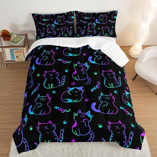 3D Neon Cat Kids Comforter Set,Gradient Line Cat Toddler Comforters Twin Size for Teens Kids Boys Girls Room Decoration,Black Kawaii Bedding Sets with 2 Pillowcases.