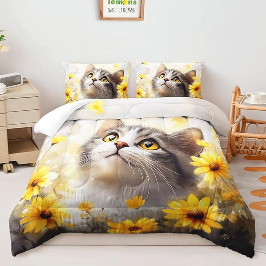 AILONEN Cat Comforter Set Twin Size for Kids,Yellow Flower Kitten Comforter Set,Boys Girls Cat Bedding Set,Soft Lightweight,1 Comforter with 2 Pillowcases,3 Pieces