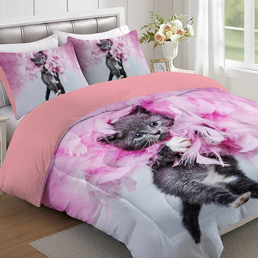 Yasida Twin Cat Bedding Set - Pink Feathers Black Cat 3Pcs (1 Comforter + 2 Pillowcases) Kids Animal Pets Comforter Set
