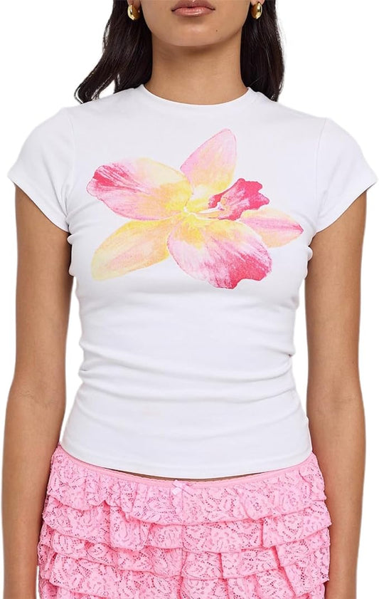 Y2k Womens Graphic Baby Tee Slim Fit Short Sleeve Crop Tops Funny Letter Animal Print Shirts 90s 2000s Streetwear