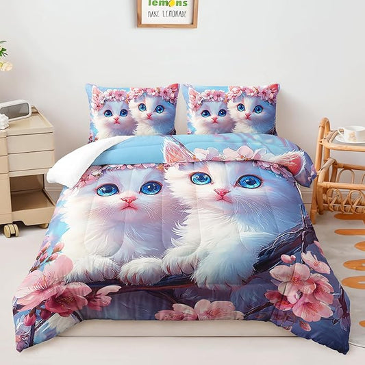 AILONEN Kids Cute Cat Bedding Full Size,Beautiful Fairy Cat Girls Comforter Set,Pink Flower Cat Comforter Set,Kawaii Cat Duvet,1 Comforter with 2 Pillowcases,3 Pieces