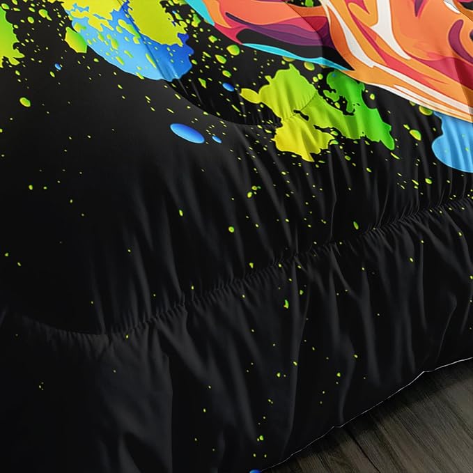 Black Basketball Comforter Set Queen Size,Watercolor Tie-dye Comforter Color Graffiti Hip Hop Style Queen Bed Set,Ball Sports Games Bedding Set for Teens Kids Bedroom Decor with 2 Pillowcases.