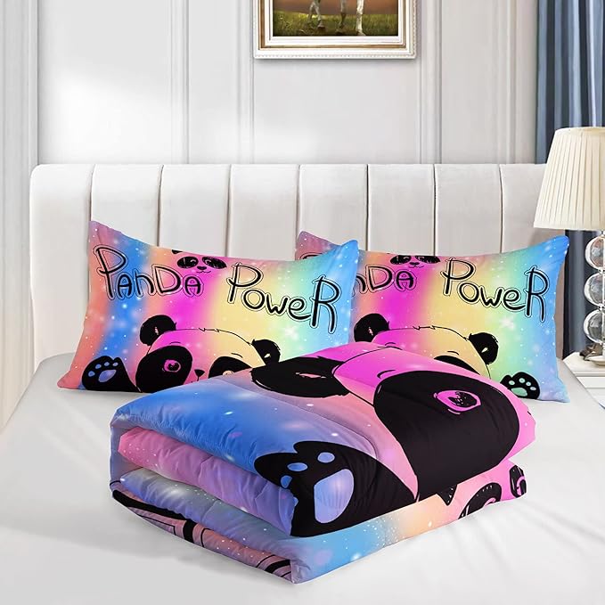 Bedding Comforter Set Rainbow Kawaii Cute Panda Printed Pattern with 1 and 2 Pillowcases for Girls Bedroom All Season(Panda Twin) Twin 68x86inches