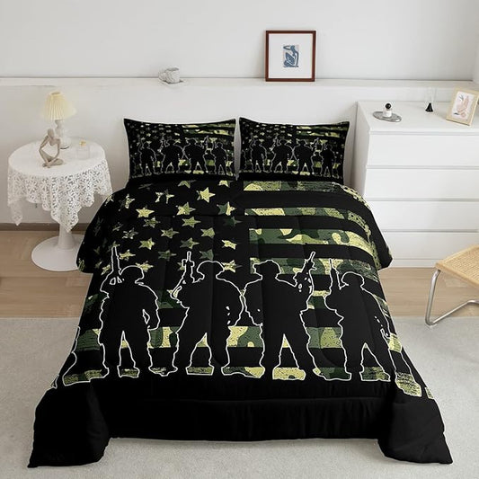 American Flag Comforter Set Twin for Boy Teen ArmyGreen Camouflage Down Comforter Adult Men Soldier Silhouettes Quilted Duvet Military Style Camo Bedding Comforters, 1 Comforter Set + 1 Pillowcase