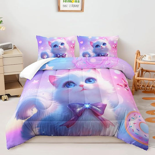 AILONEN Kids Cat Comforter Set Full Size,Kawaii Kitten Comforter for Girls,Colorful Rainbow Cat Bedding Set 3 Pieces,1 Comforter with 2 Pillowcases