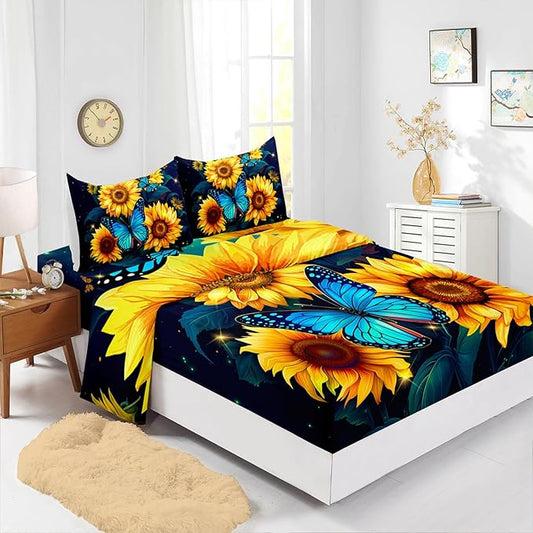 Yellow Sunflower Sheet Twin 4Pcs Blue Butterfly Floral Botanical Pattern Bedding Set for Kid Teen Girl Boy Romantic Starlight Bed Decor Set with 1 Flat Sheet and 1 Fitted Sheet+2 Pillowcases