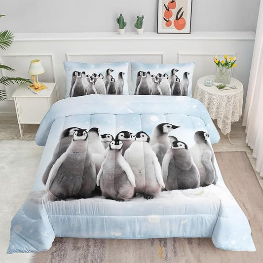 Bedding Comforter Set Penguin Snow Printed Pattern Quilt Bedding Set with 1 Comforter and 2 Pillowcases for Girls and Boys Bedroom All Season(Penguin Twin)