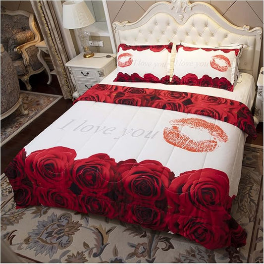 3D Comforter Set Twin - Red and White Rose Print Comforter Set Twin Size Floral Room Decor Bedding Set Aldult Quilt with 2 Pillowcases for All Seasons