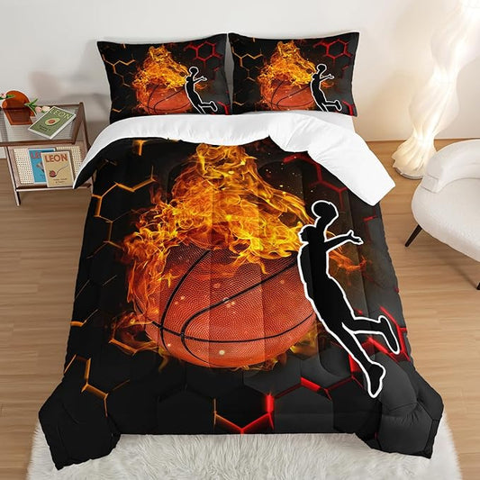 Basketball Bedding King Size,Black Honeycomb Background Comforter Flame Basketball Print Bedding Set for Boys Girls Bedroom Decor,Slam Dunk Sports Themed Sets Comforter with 2 Pillowcases.