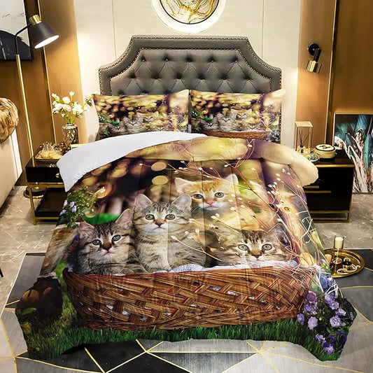 AILONEN Cat Comforter Set for Kids & Teens, 3D Printed Animal Bedding Set, Queen Size, Easy Care, 1 Comforter 2 Pillowcases