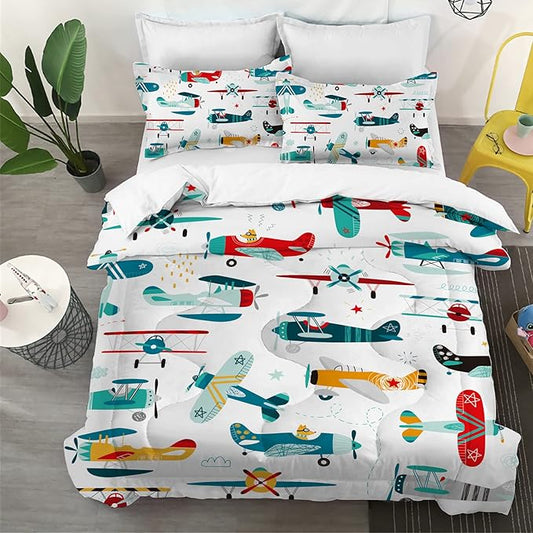 Yasida Kids Airplane Comforter Set Twin Size Colorful Cartoon Propeller Plane Bedding Set Kids Boys Bedding Sets Twin Teens Cartoon Airplanes Down Comforter Aviation Theme Duvet Bedroom Decor