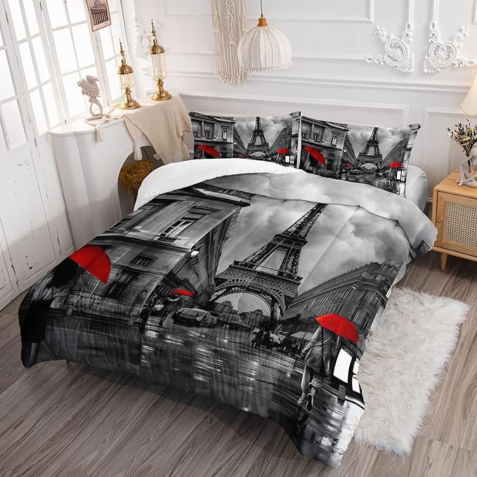 Bedding Comforter Set Paris Street Scenery Eiffel Tower Printed Pattern Quilt Bedding Set with 1 Comforter and 2 Pillowcases for Girls and Boys Bedroom All Season(Paris Queen)