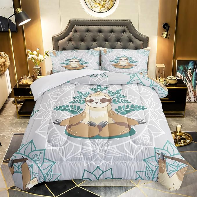 AILONEN Sloth Comforter Set, Full Size, Kids Bedding Set, Sloth Pattern, 1 Comforter, 2 Pillowcases, 3 Piece