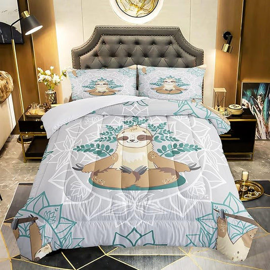 AILONEN Sloth Comforter Set, Full Size, Kids Bedding Set, Sloth Pattern, 1 Comforter, 2 Pillowcases, 3 Piece