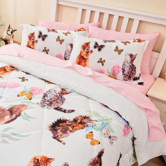7 Piece Cat Comforter Set Queen Size, Bed in A Bag Cute Kitty Butterfly and Flowers Comforter Set for All Season(1 Comforter,2 Pillow Shams,1 Flat Sheet,1 Fitted Sheet,2 Pillowcases)