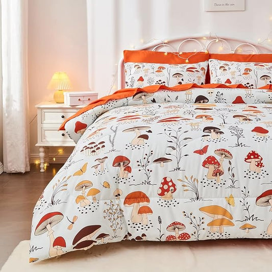 7 Piece Mushroom Comforter Set Full Size,Plant Wild Mushroom Comforter with Sheet Set Bed in A Bag for Kids Boys Girls,Full(1 Comforter, 1 Flat Sheet, 1 Fitted Sheet, 4 Pillowcases)