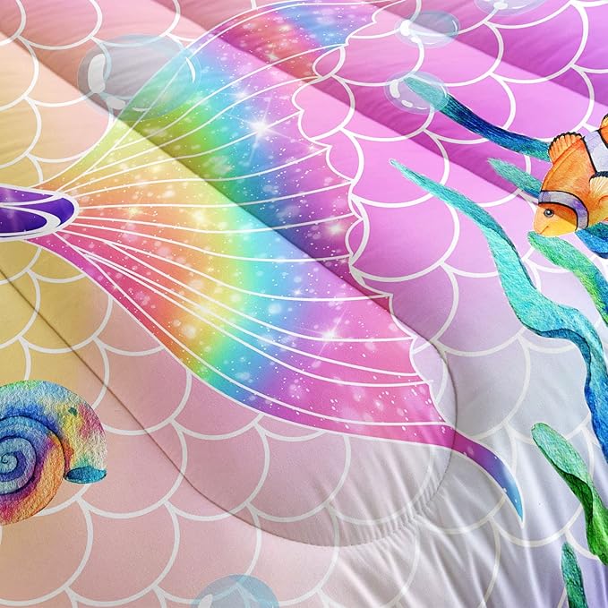 Bedding Comforter Set Rainbow Pink Mermaid Tail Printed Pattern Quilt with 1 and 2 Pillowcases for Girls Bedroom All Season(Rainbow Twin) Twin 68x86inches