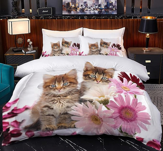 Yasida Cat Comforter Set Queen Size for Kids Pink Flowers Cats 3Pcs Bedding Set for Boys and Girls (1 Comforter+ 2 Pillowcases) Lovely Animal Pets Duvet Set