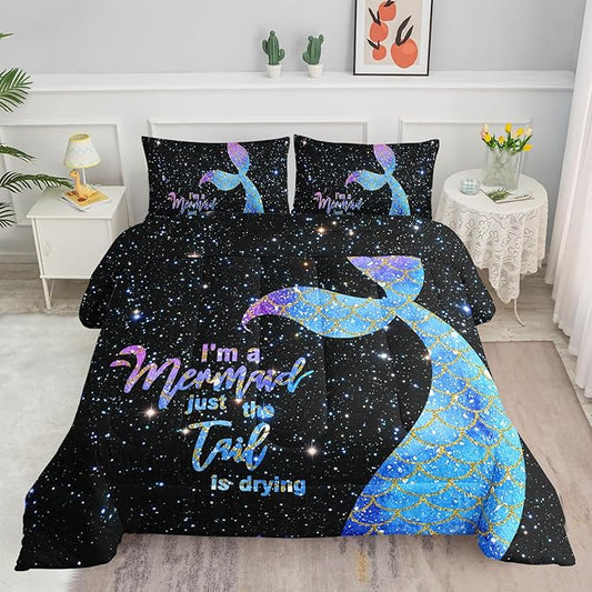 Bedding Comforter Set Black Starry Sky Mermaid Printed Pattern Quilt with 1 and 2 Pillowcases for Girls Bedroom All Season(Black Queen) Queen 90x90inches