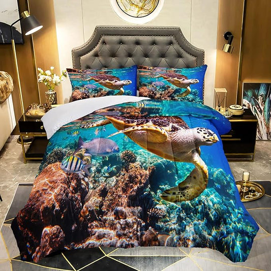 AILONEN Sea Turtle Comforter Set, Sea Turtle Bedding Set for Teens Boys and Girls,Twin Size Bed-in-a-Bag Ocean Turtle Themed Duvet(1 Comforter 2 Pillowcases 3 Piece) Full