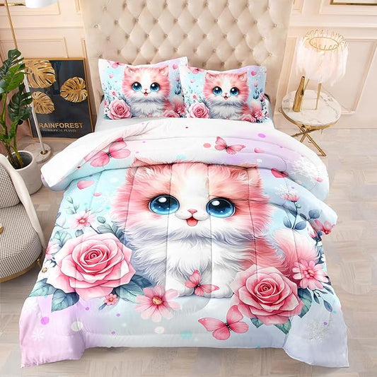 AILONEN Cute Kawaii Cat Full Bedding Set for Girls,Watercolor Floral Kitten Kids Comforter Set,Pink Tie Dye Pet Cat Butterfly Comforter with 2 Pillowcases, 3 Piece