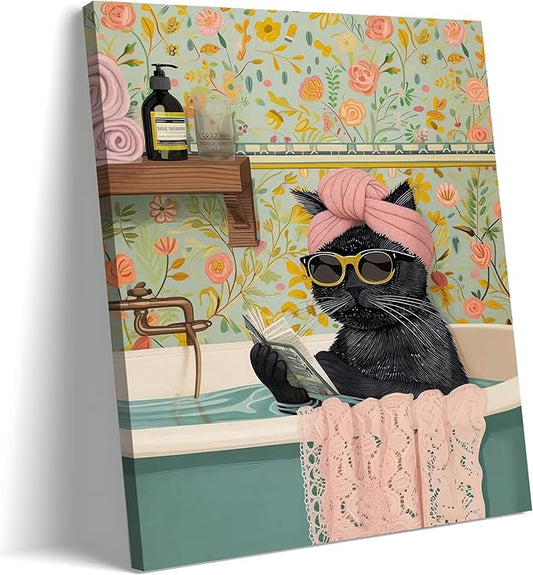 Yaneiro Funny Black Cat Bathroom Canvas Bathroom Wall Art Framed Cute Cat Prints Pictures Posters Wall Decor for Living Room Bedroom Toilet Kids Room Wall Paintings 16x24 in