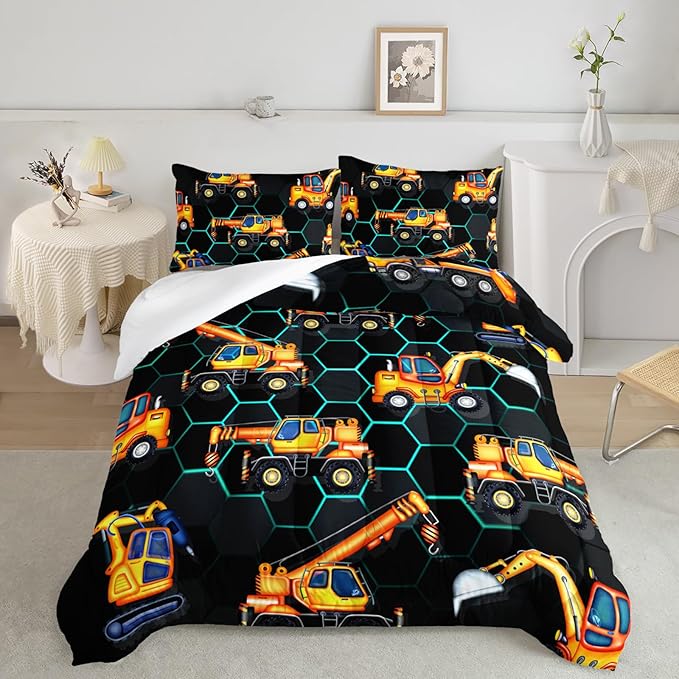 AILONEN Kids Cartoon Excavator Comforter Set Full Size,Vehicles Construction Truck Bedding Set for Boys Teen,3 Piece Soft Duvet with 2 Pillowcases
